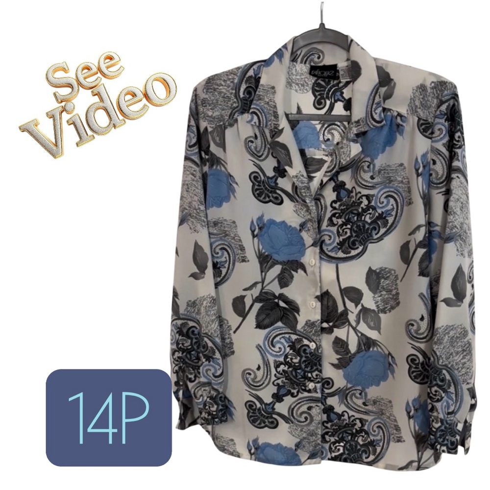 👛 (ANY 2/$25) Vintage RAFIQUE PETITE Blue/Grey Patterned Blouse